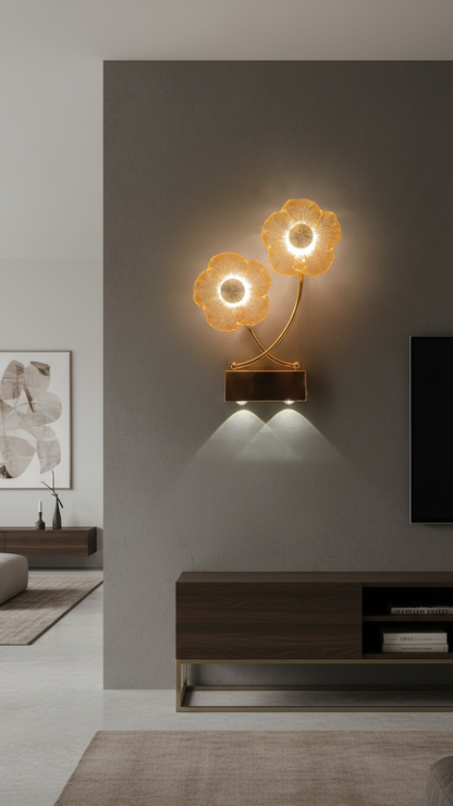 Swanart modern flower LED wall light with gold finish, crystal petal design, warm downlight, ideal for living rooms and bedrooms.
