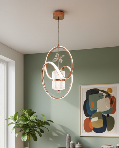 Modern Swanart crystal LED pendant light with rose gold rings, adjustable height, decorative ceiling lamp for living room or bedroom.