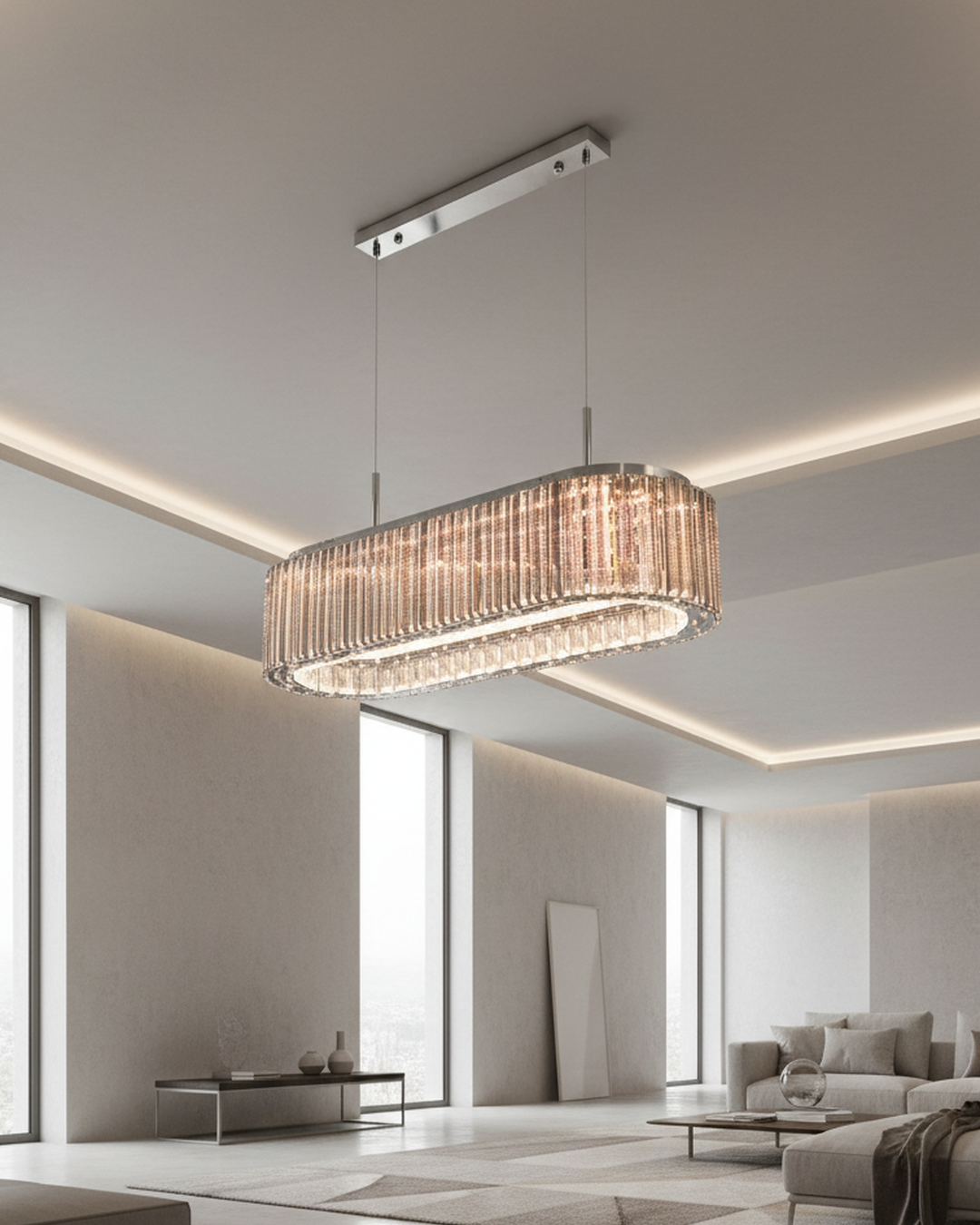 Swanart crystal oval chandelier with warm LED lighting, modern hanging pendant light for dining room and living area decor