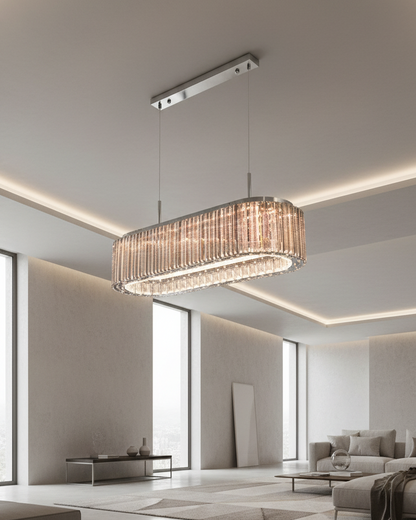 Swanart crystal oval chandelier with warm LED lighting, modern hanging pendant light for dining room and living area decor
