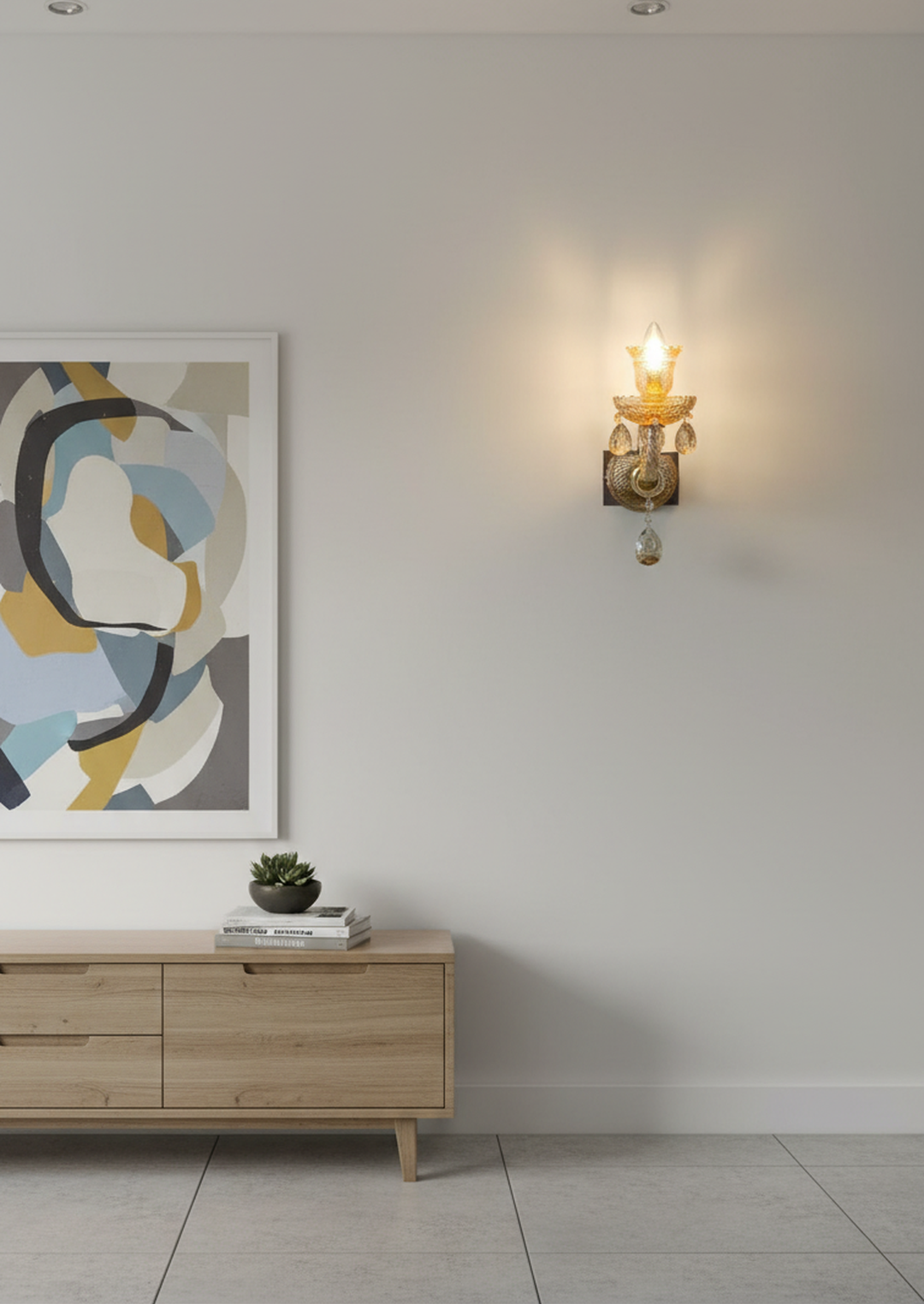 Swanart luxury crystal wall light with gold finish and hanging crystal drops, ideal for living rooms, bedrooms, or hallways.