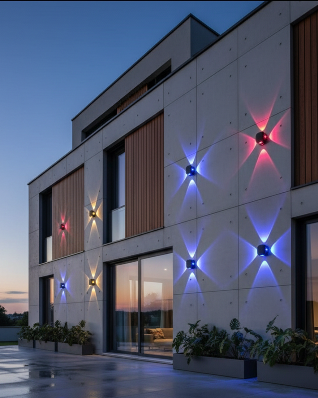 Swanart black wall lamp with waterproof RGB auto-change lighting, mounted on a wall with up and down light directions.