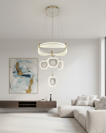 Swanart modern LED ring chandelier with crystal flower pendants hanging from a ceiling, decorative lighting for living and dining rooms