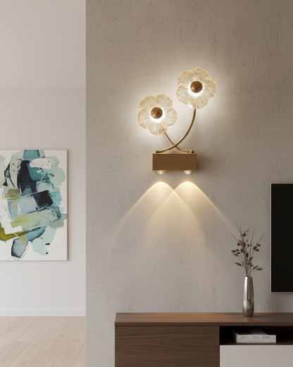 Swanart modern flower LED wall light with dual crystal petals, gold finish, warm light, and downlight for living room or bedroom decor.
