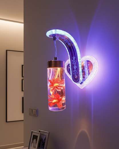 Swanart LED wall light with decorative heart design, colorful floral glass cylinder, modern indoor lighting for bedroom or living room