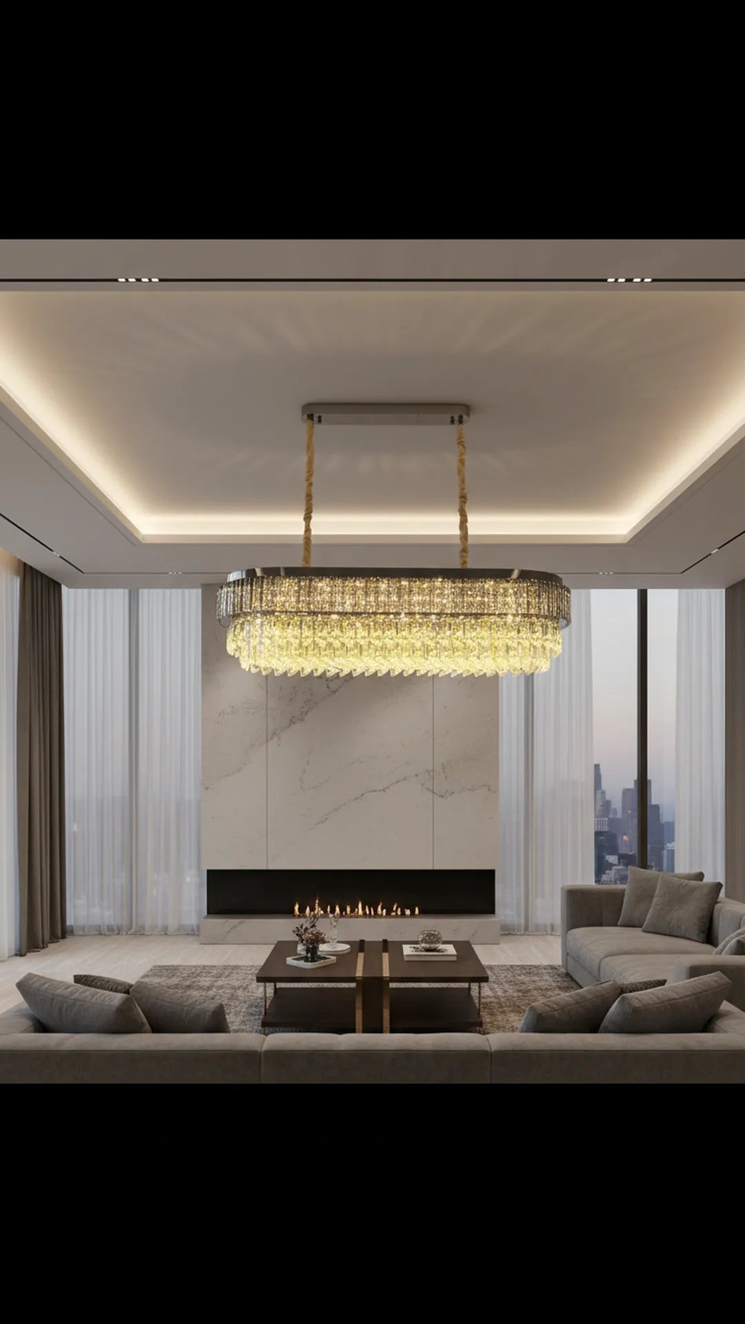 Swanart luxury 4-layer crystal chandelier with rectangular modern LED design hanging above a dining table in a stylish living room setting