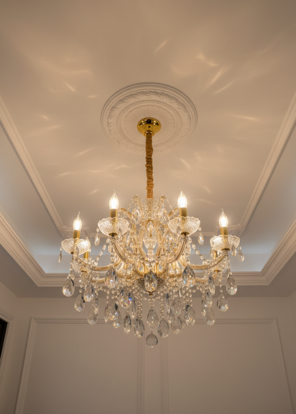 Swanart luxury crystal chandelier with 8 gold lights, glass crystals, modern design, hanging ceiling fixture for living, dining, or bedroom