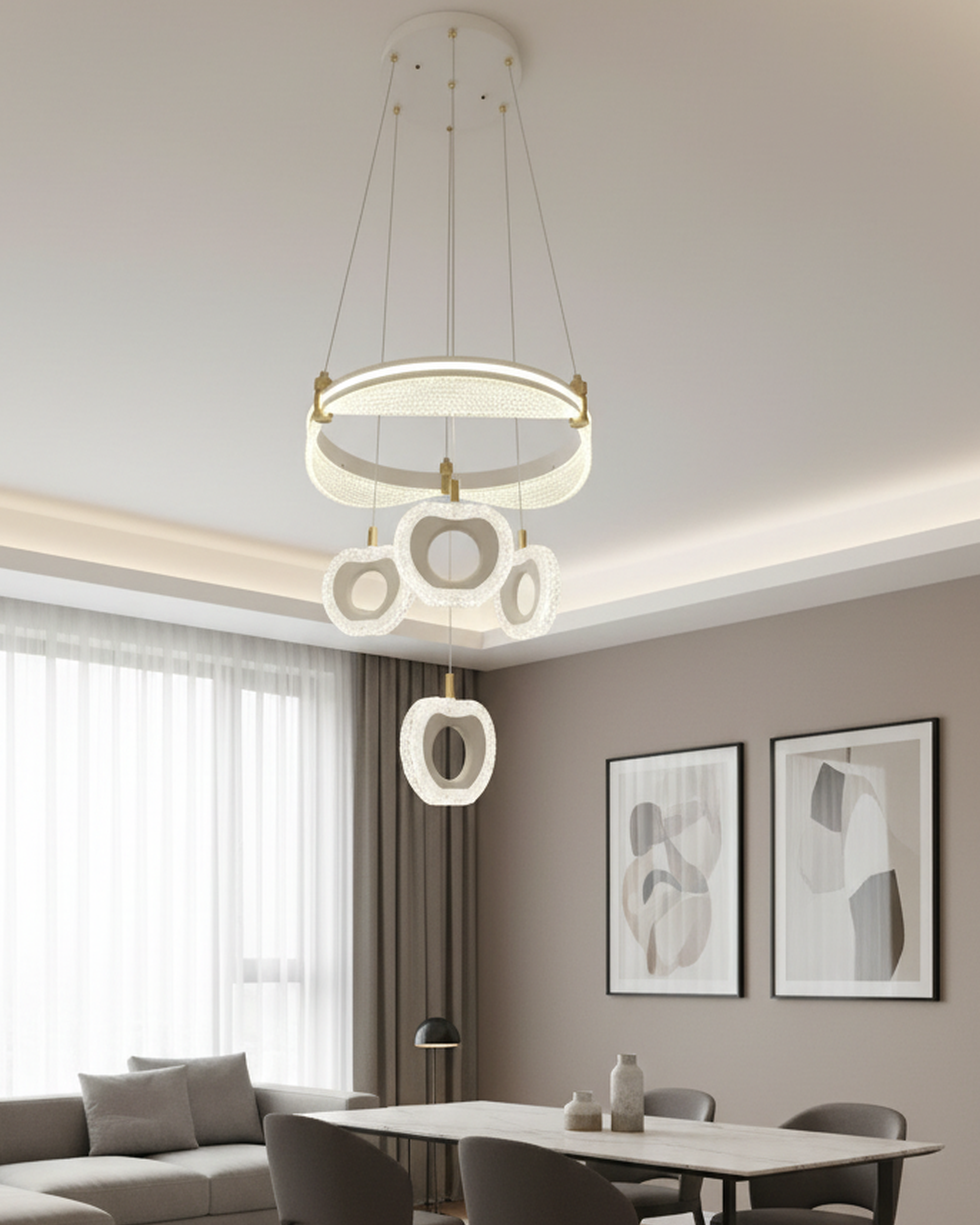 Swanart modern LED ring chandelier with crystal flower pendants hanging from a ceiling, stylish home decor for living and dining rooms.