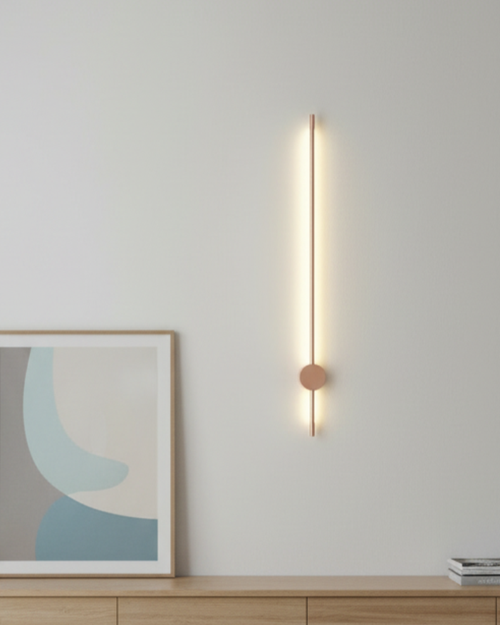 Swanart modern LED wall light in black and rose gold, 80cm vertical sconce with warm white ambient lighting for living rooms or hallways.