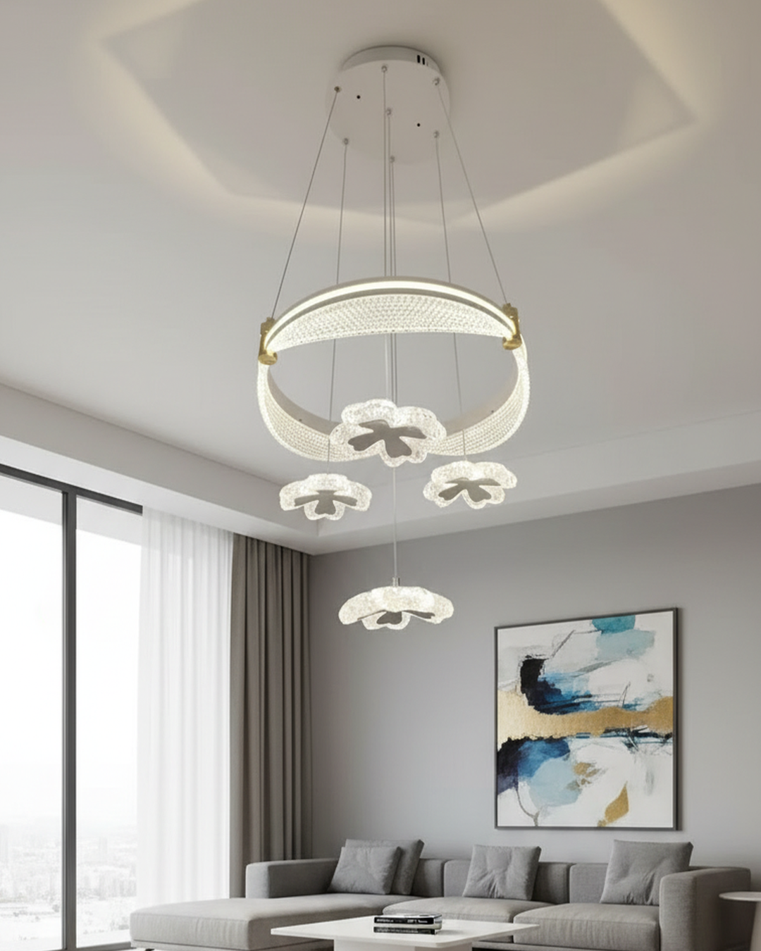 Swanart Modern Crystal Flower Ring Chandelier LED Pendant Light for Living Room & Dining Area | Luxury Decorative Hanging Ceiling Light | Contemporary Ring Chandelier Lamp for Home Decor - Swanart