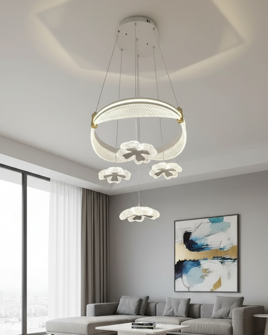 Swanart Modern Crystal Flower Ring Chandelier LED Pendant Light for Living Room & Dining Area | Luxury Decorative Hanging Ceiling Light | Contemporary Ring Chandelier Lamp for Home Decor - Swanart
