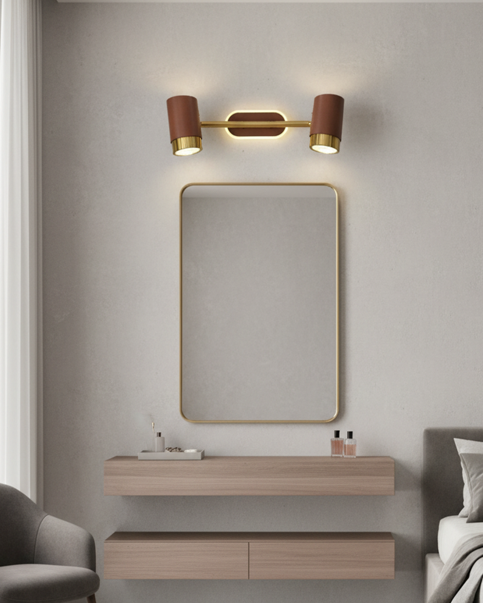 Swanart modern LED wall light with dual adjustable heads in gold and brown finishes, warm white glow for bedroom or bathroom.