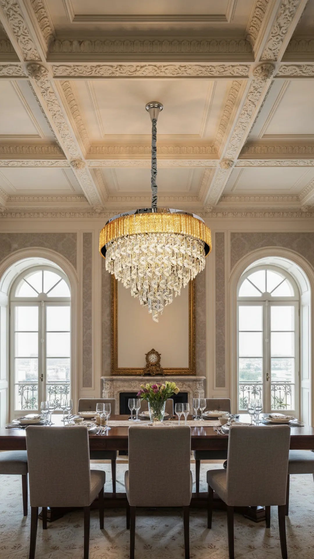 Swanart luxury crystal chandelier with five gold layers and LED lighting, modern round ceiling pendant lamp for living and dining rooms.