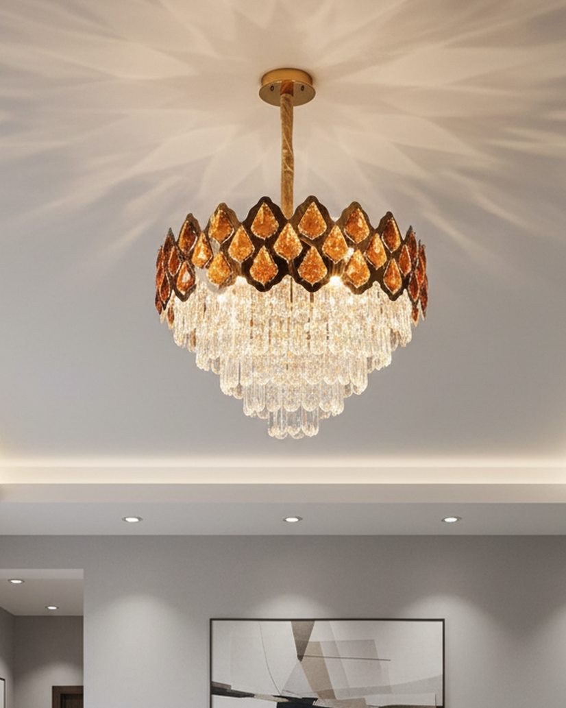 Elegant Swanart crystal chandelier with pendant lamps, featuring sparkling crystal details and modern home decor style.
