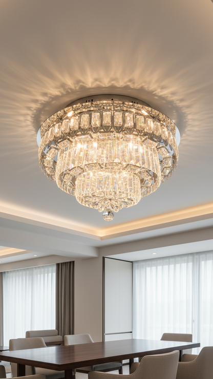 Swanart luxury 60cm crystal chandelier with 3 tiers and K9 crystals, modern flush mount ceiling light for elegant living room lighting