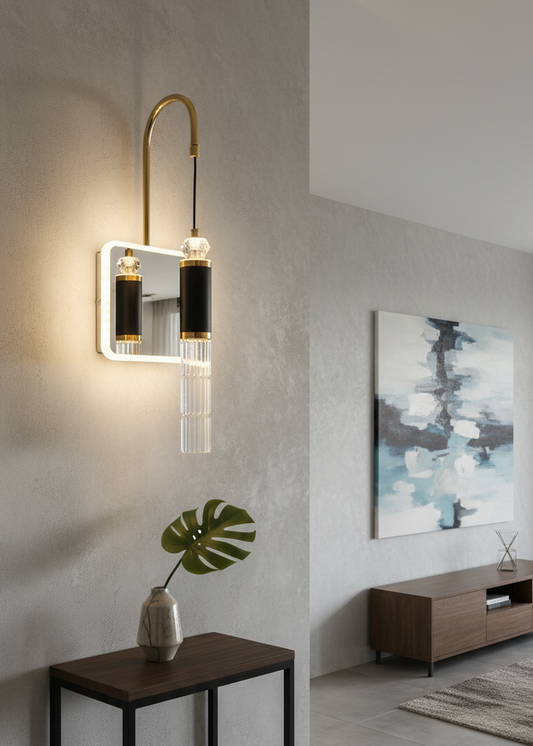 Swanart Modern Crystal Wall Sconce with LED Mirror - Elegant Bathroom Vanity Light Fixture with Gold Finish & Crystal Shade - Swanart