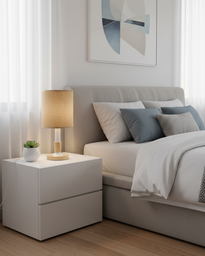Swanart modern wooden table lamp with fabric shade, warm ambient light, suitable for bedroom, living room, or study decor.