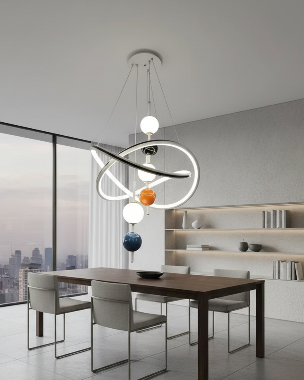 Modern Swanart Hanging Light 9913 with sleek design and metal finish hanging from ceiling in a contemporary interior setting.