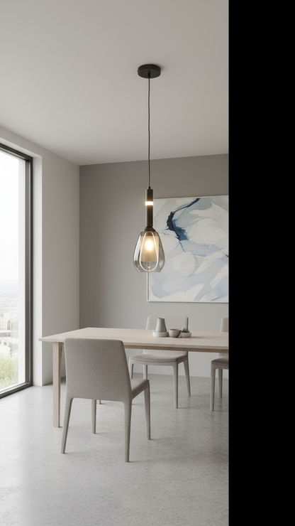 Swanart modern pendant light with smoked glass shade hanging from black cord, ideal for kitchen, dining, or bedroom decor