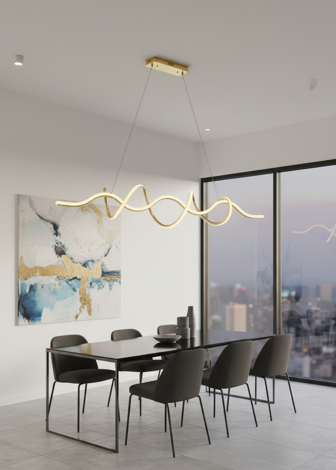 Swanart Modern Wave LED chandelier pendant light in gold with adjustable height, hanging above dining table or living room.
