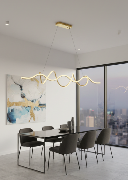 Swanart Modern Wave LED chandelier pendant light in gold with adjustable height, hanging above dining table or living room.