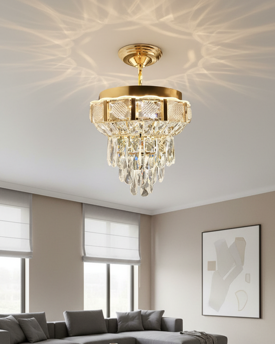 Swanart Crystal Pendant Chandelier Light with sparkling crystal beads and elegant design hanging from a sleek fixture