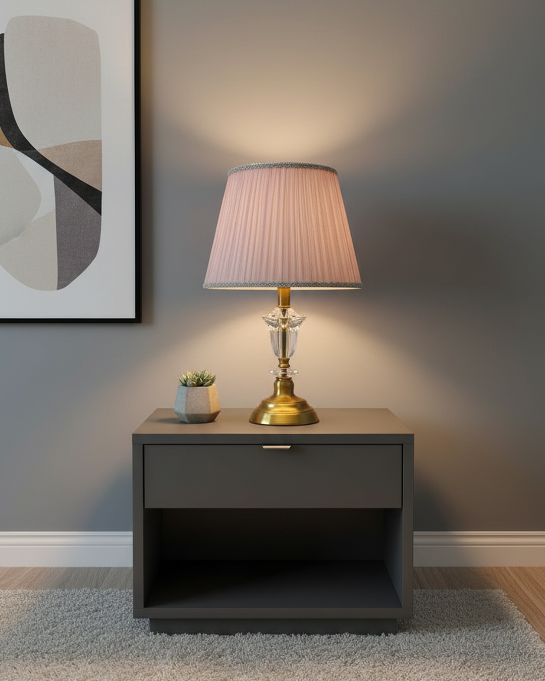 Swanart modern crystal bedside table lamp with gold base, fabric shade, providing warm ambient lighting for bedroom or living room decor.