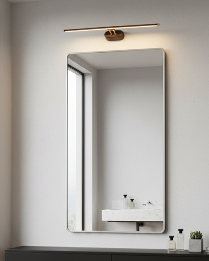 Swanart modern LED mirror light mounted on bathroom wall, warm white illumination for vanity and dressing table with metal body.