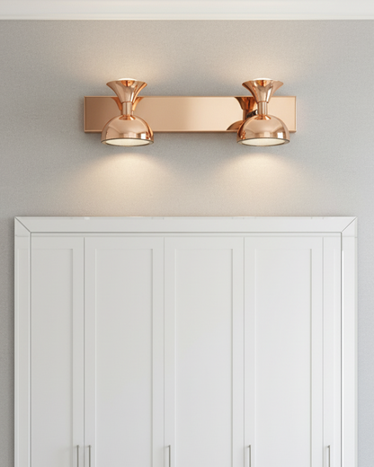 Swanart modern rose gold dual LED wall sconce with adjustable double dome shades, ideal for living room, bedroom, or hallway decor