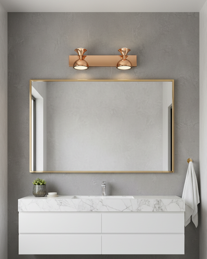Swanart modern rose gold LED wall sconce with dual adjustable dome shades, ideal for living room, bedroom, and hallway decor.