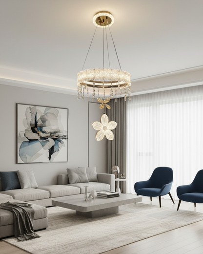 Swanart crystal flower chandelier with gold ring pendant light, LED flower design, modern ceiling fixture for living room or bedroom decor