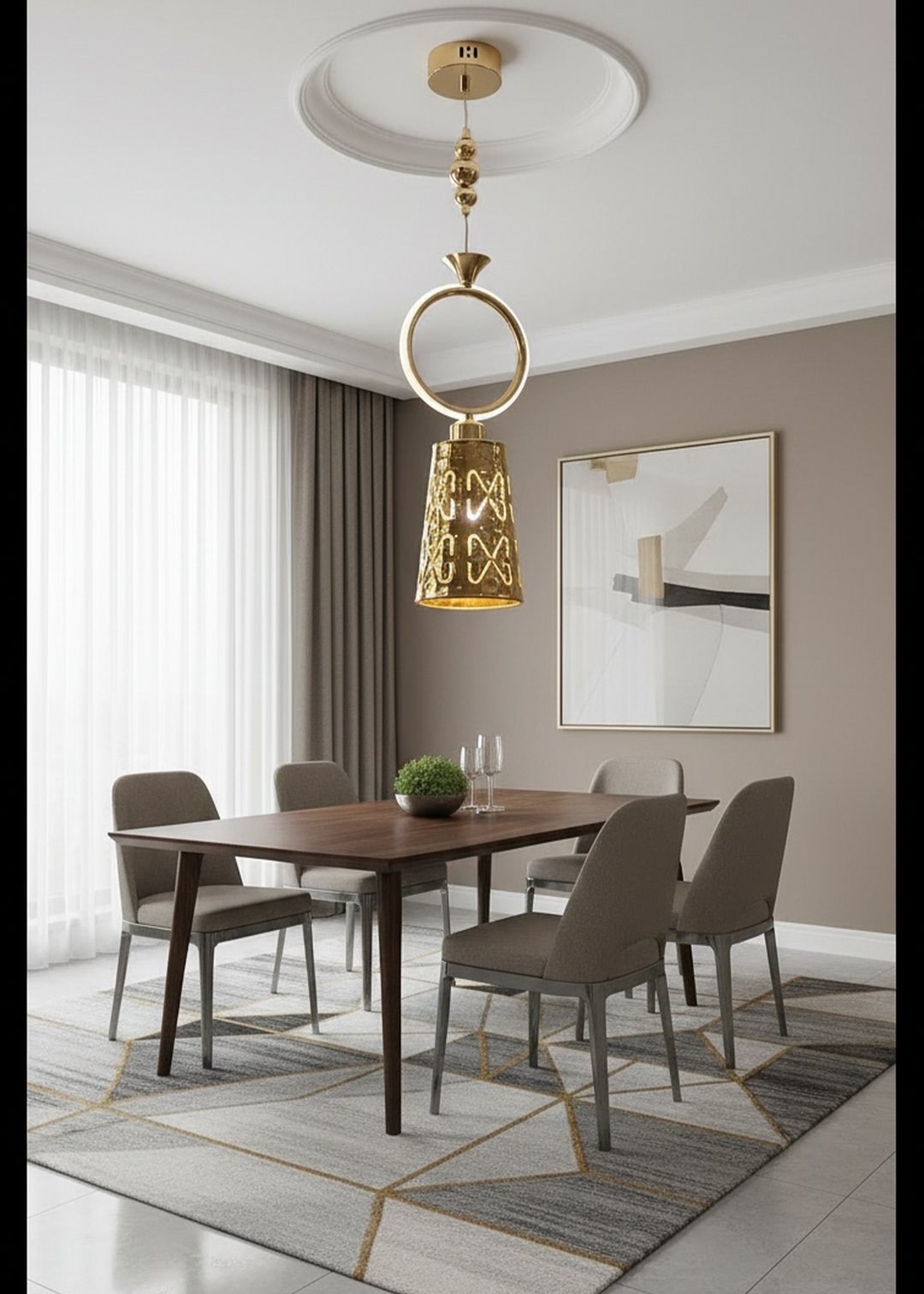 Swanart gold pendant light with hammered metal shade and ring design, adjustable height LED hanging lamp for kitchen or dining area.