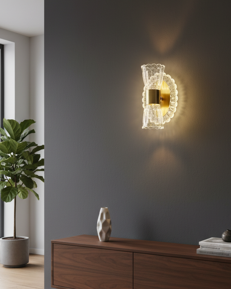 Swanart modern LED crystal wall sconce with golden acrylic finish, decorative indoor wall light for living rooms and hallways