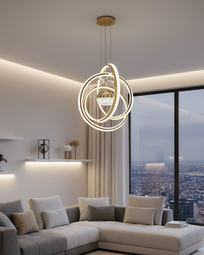 Swanart Orbis fibreglass hanging light fixture with modern, innovative illumination design in a creative studio setting.