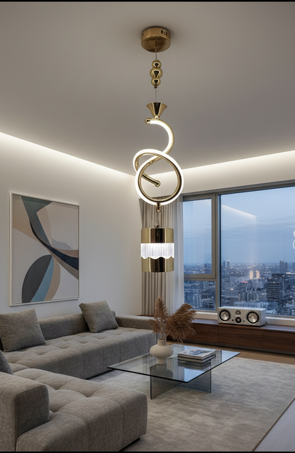 Swanart Modern Gold Spiral Pendant Light - Stylish LED Hanging Lamp with Crystal Accent and Adjustable Height, Perfect for Dining Rooms, Living Rooms, and Bedrooms - Swanart