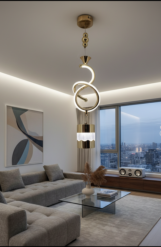 Swanart Modern Gold Spiral Pendant Light - Stylish LED Hanging Lamp with Crystal Accent and Adjustable Height, Perfect for Dining Rooms, Living Rooms, and Bedrooms - Swanart
