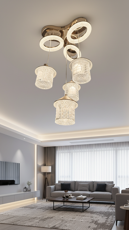 Swanart rose gold LED chandelier with crystal rings, modern pendant ceiling light featuring Bluetooth music system for living rooms and bedrooms.