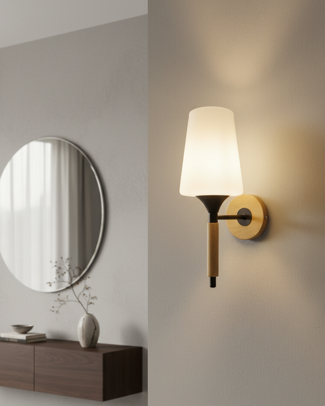 Modern Swanart wooden wall sconce with frosted glass shade, warm ambient lighting for bedroom or living room decor.