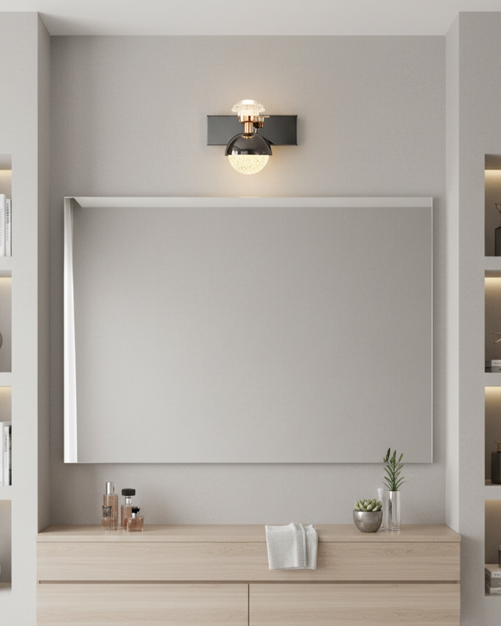 Swanart modern rose gold and black crystal wall sconce with dual shades, LED lighting, ideal for living room, bedroom, or hallway decor.