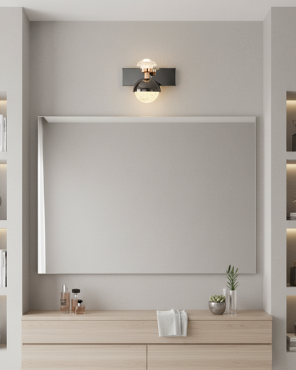 Swanart modern rose gold and black crystal wall sconce with dual shades, LED lighting, ideal for living room, bedroom, or hallway decor.