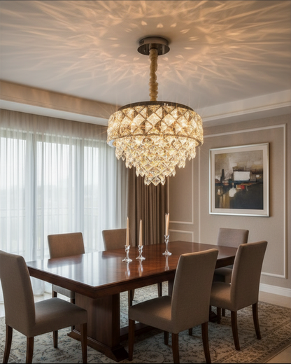 Swanart crystal chandelier ceiling light with modern LED design, round 50cm pendant lamp featuring luxurious hanging crystals for living spaces