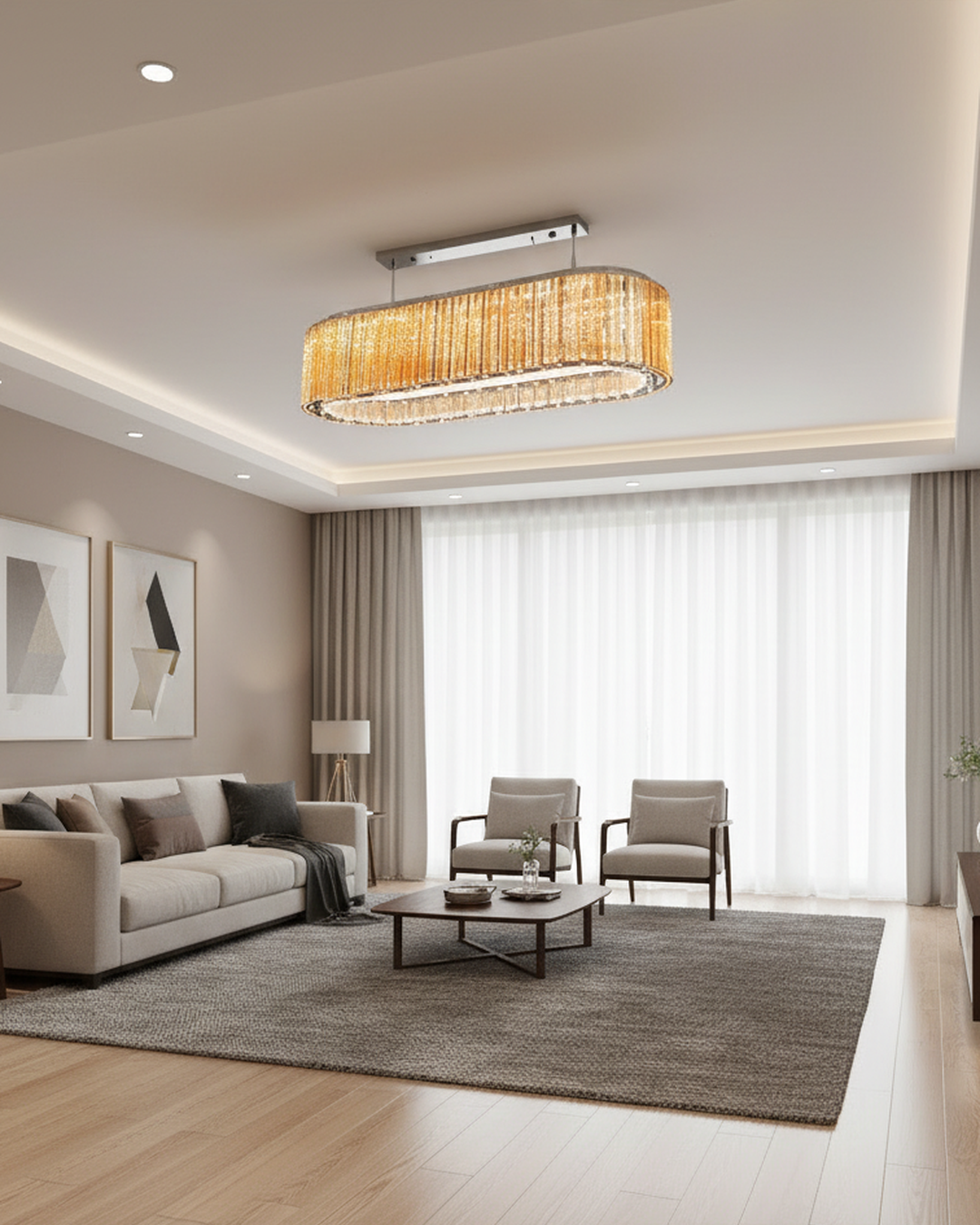 Modern Swanart crystal chandelier with rectangular design, LED pendant light, warm white glow, ideal for living room or dining area decor.
