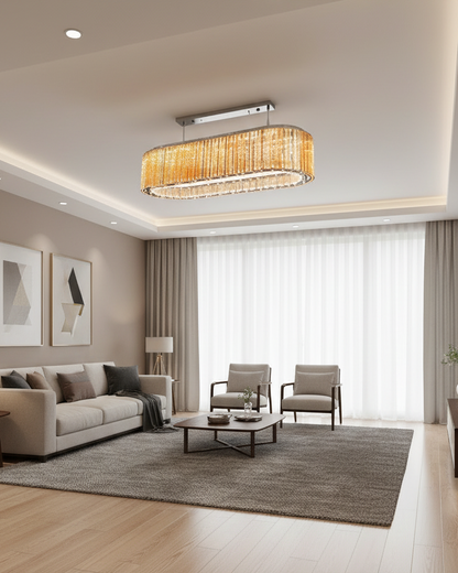 Modern Swanart crystal chandelier with rectangular design, LED pendant light, warm white glow, ideal for living room or dining area decor.