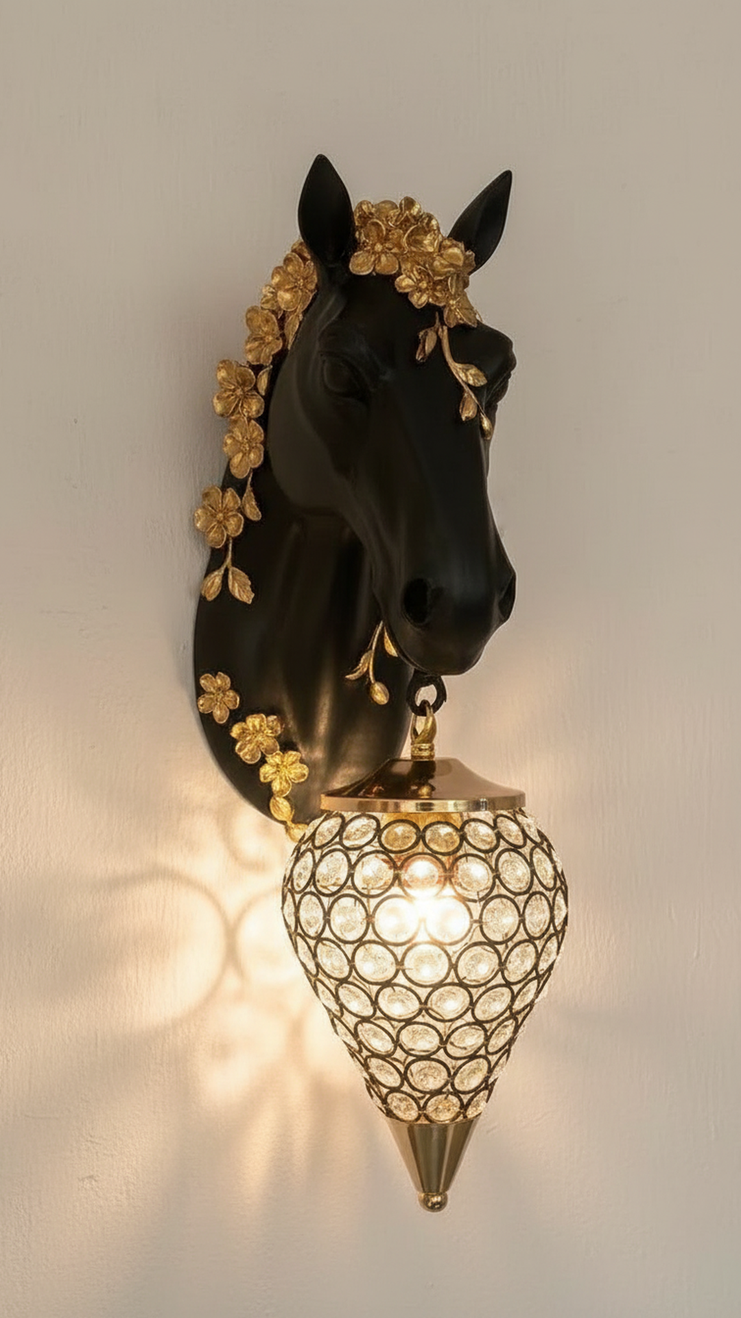 Swanart horse head wall light with crystal accents, modern LED sconce in gold and black finish for bedroom or living room decor.