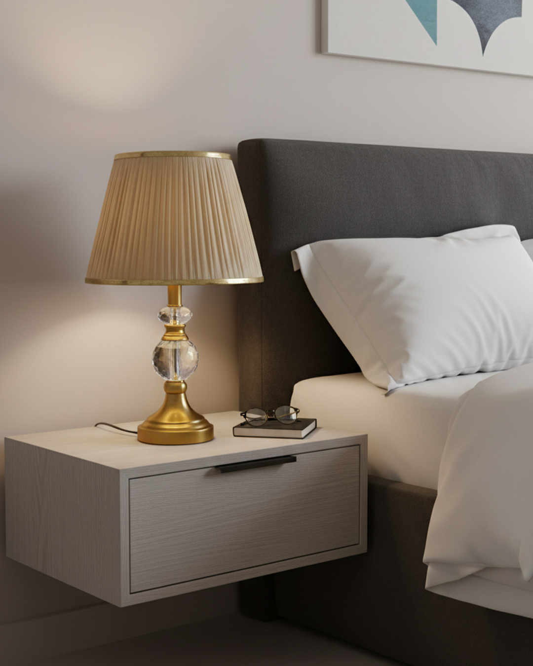 Swanart modern bedside table lamp with crystal base and fabric shade, providing warm ambient lighting for bedroom or living room.