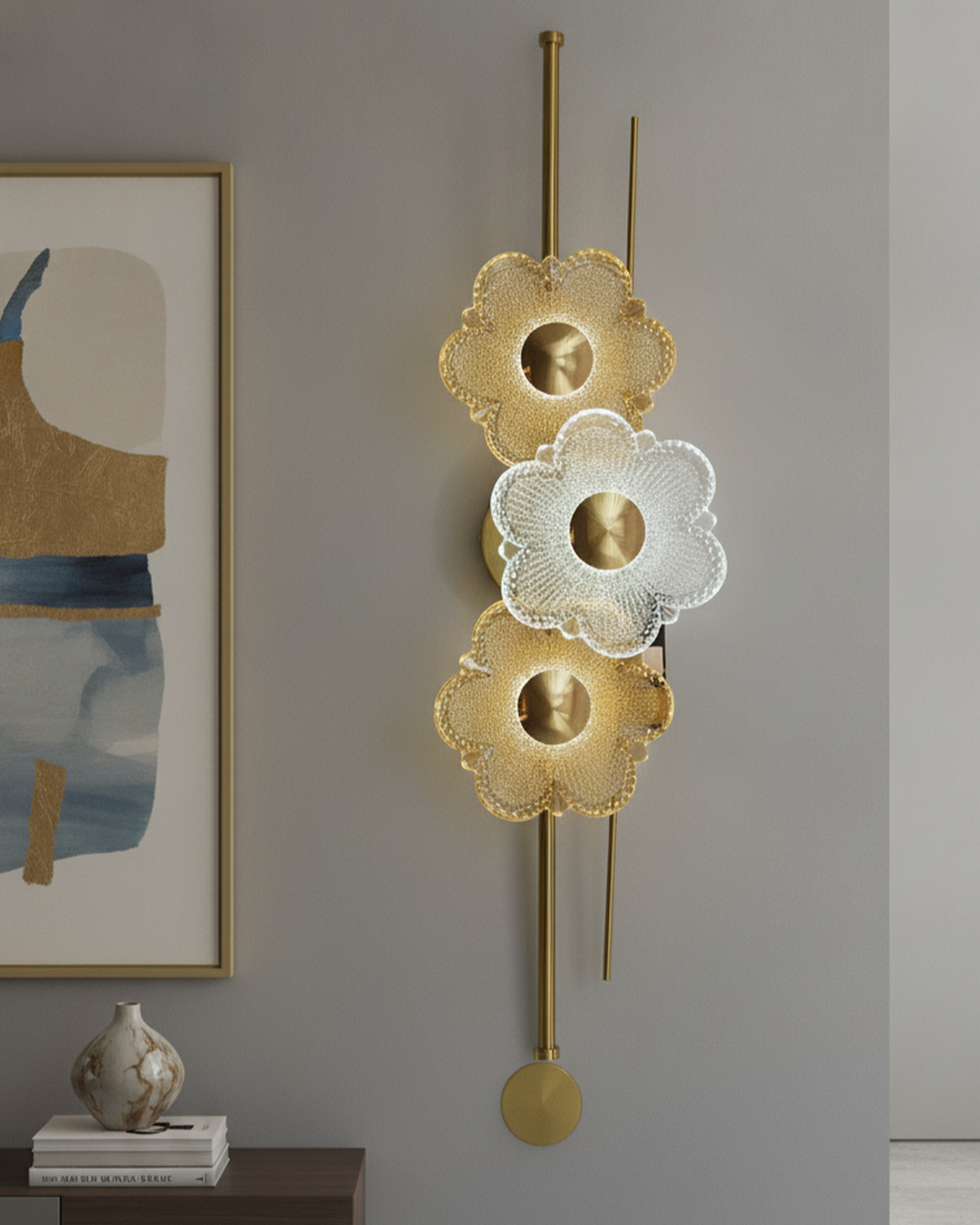 Swanart modern flower crystal gold LED wall sconce with decorative floral glass design for living room, bedroom, or hallway lighting.