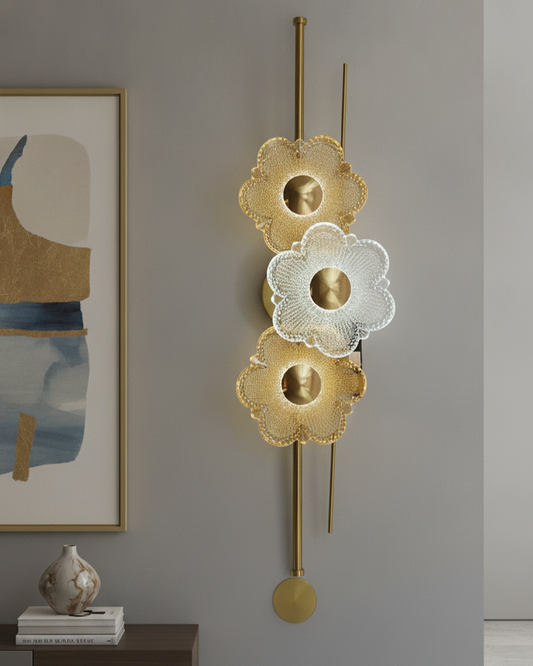 Swanart modern flower crystal gold LED wall sconce with decorative floral glass design for living room, bedroom, or hallway lighting.