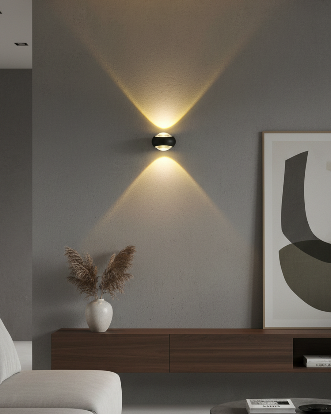 Swanart modern outdoor LED wall light with warm white illumination, waterproof design, up/down sconce for garden, porch, or balcony.