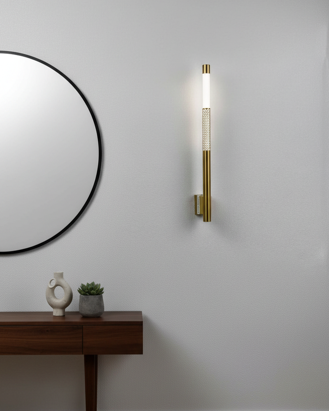 Swanart modern LED wall light with gold finish, warm white glow, decorative sconce for living room, bedroom, or hallway.