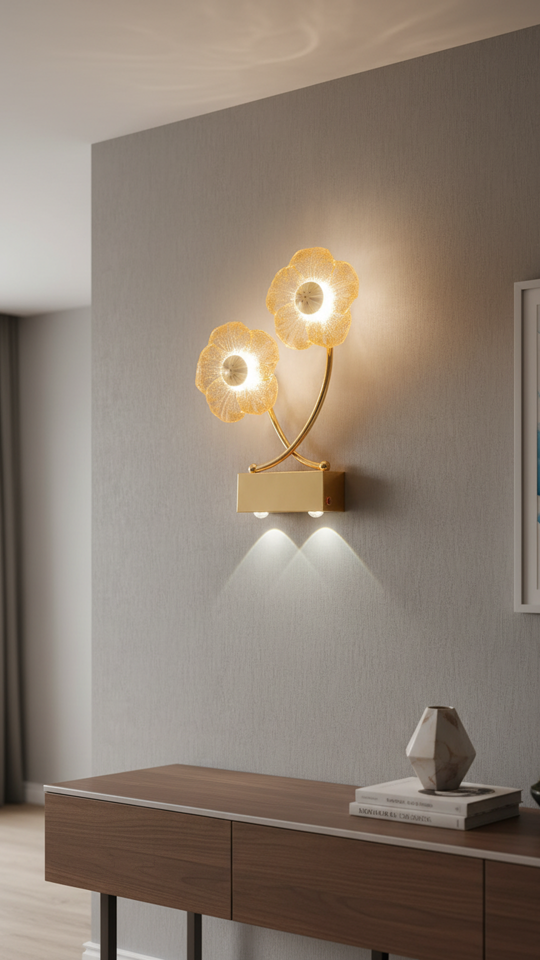 Swanart modern flower LED wall light with crystal petal design, gold finish, warm downlight, ideal for living rooms, bedrooms, hallways